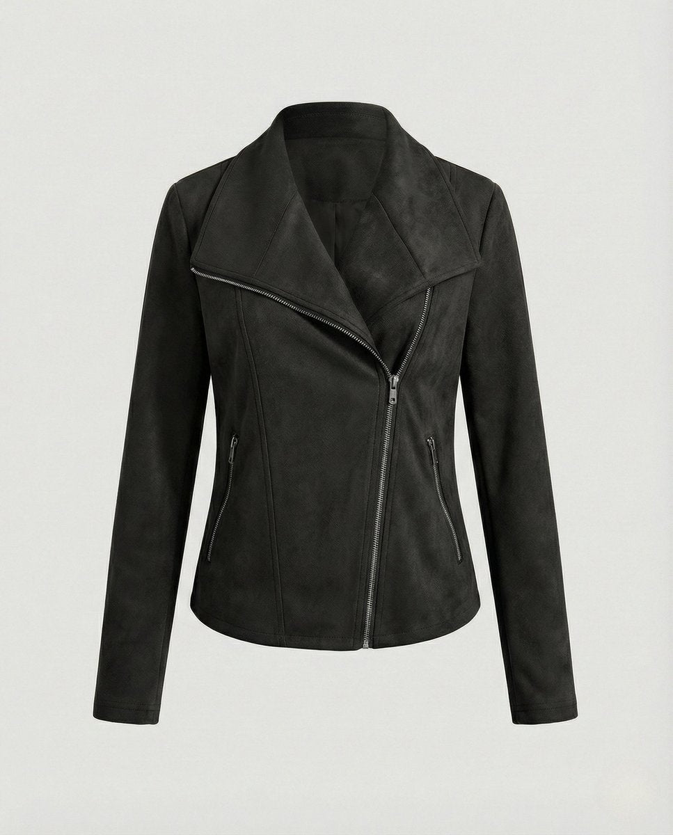 Damen Bikerjacke aus Kunstwildleder mit asymmetrischem Reißverschluss und Umlegekragen