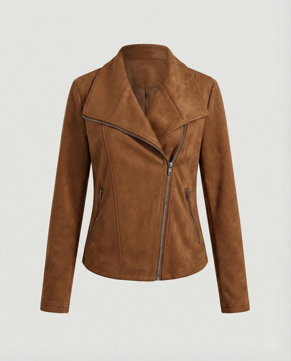 Damen Bikerjacke aus Kunstwildleder mit asymmetrischem Reißverschluss und Umlegekragen