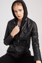 Damen Bikerjacke mit Kapuze, robustem Material und modernem Design