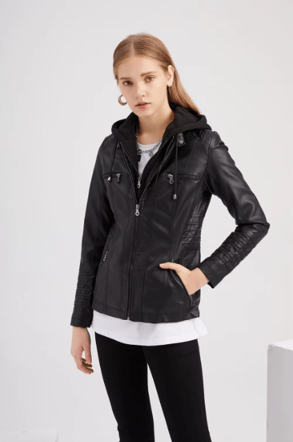 Damen Bikerjacke mit Kapuze, robustem Material und modernem Design