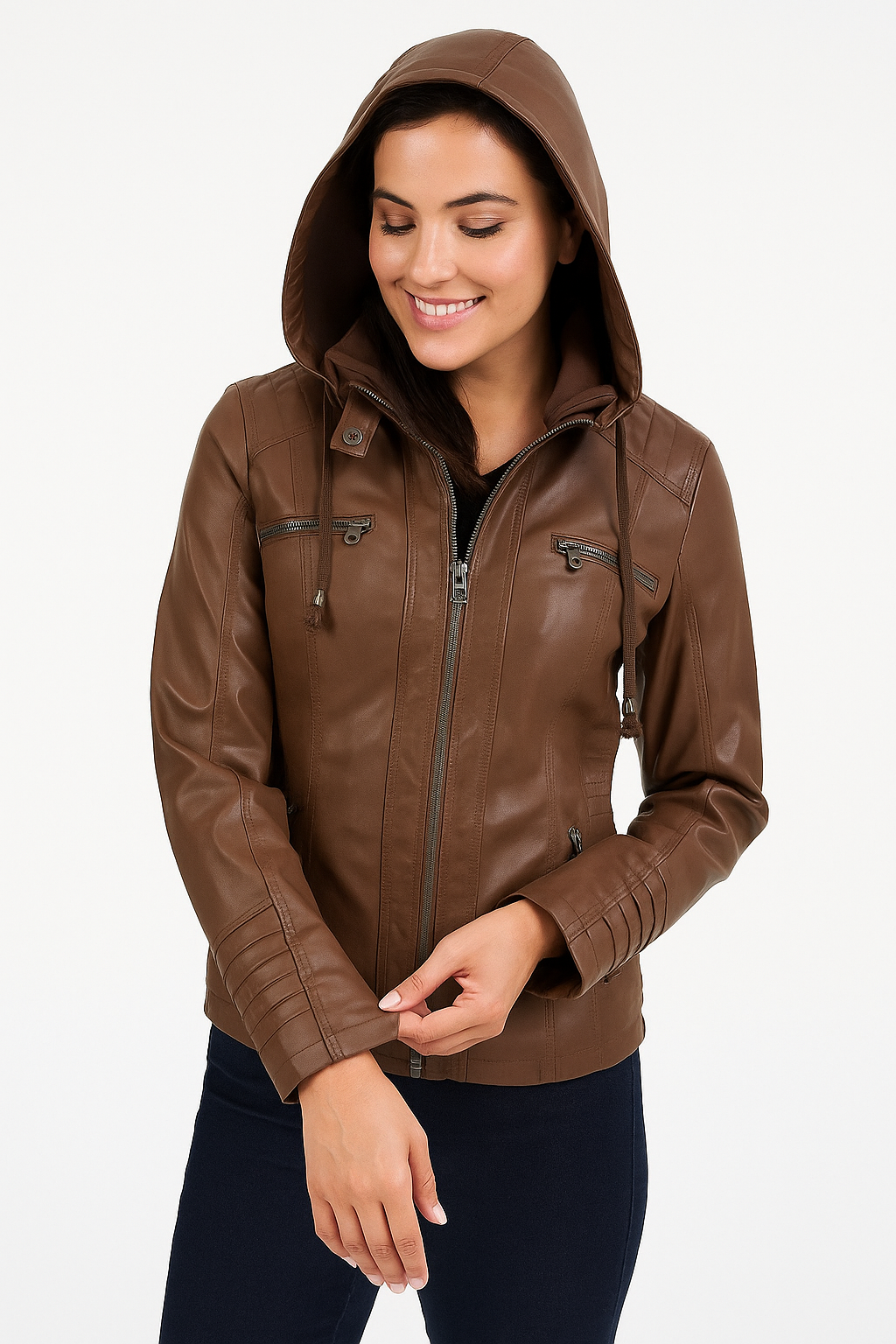 Damen Bikerjacke mit Kapuze, robustem Material und modernem Design