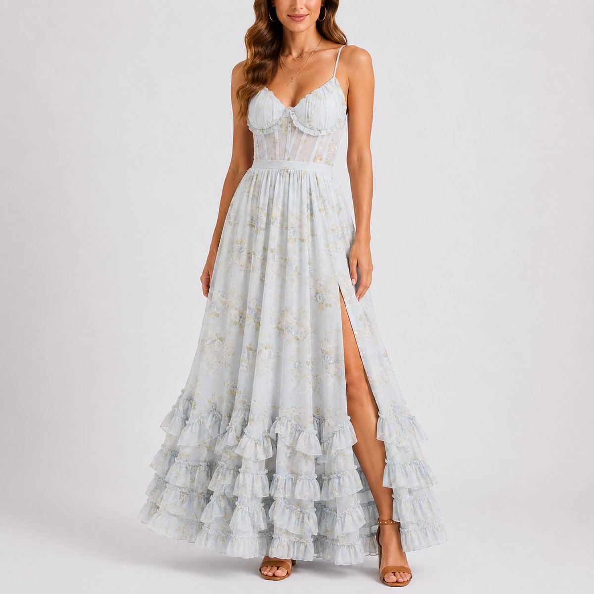 Damen Blumen Korsett Maxikleid für Hochzeitsgäste