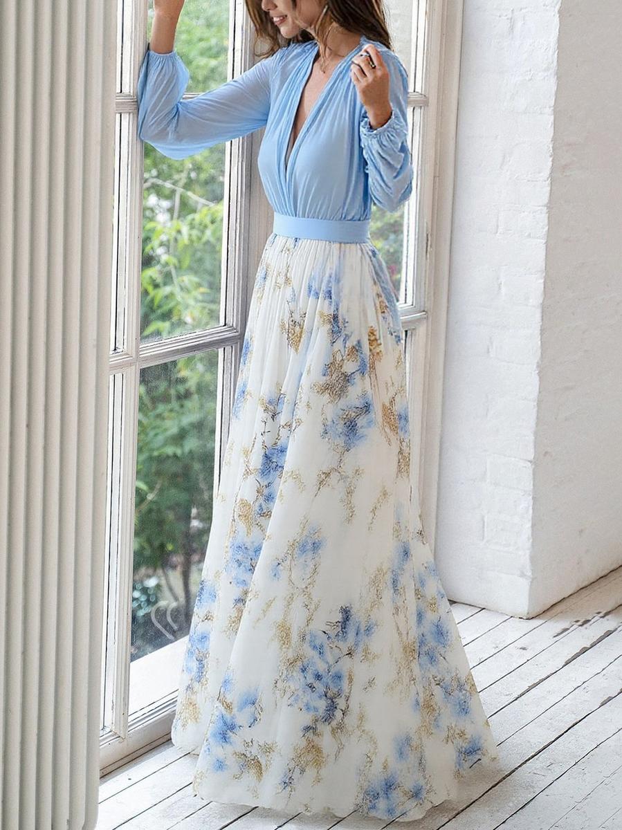 Damen Blumen Maxikleid Hochzeitskleid für Hochzeitsgäste mit V-Ausschnitt