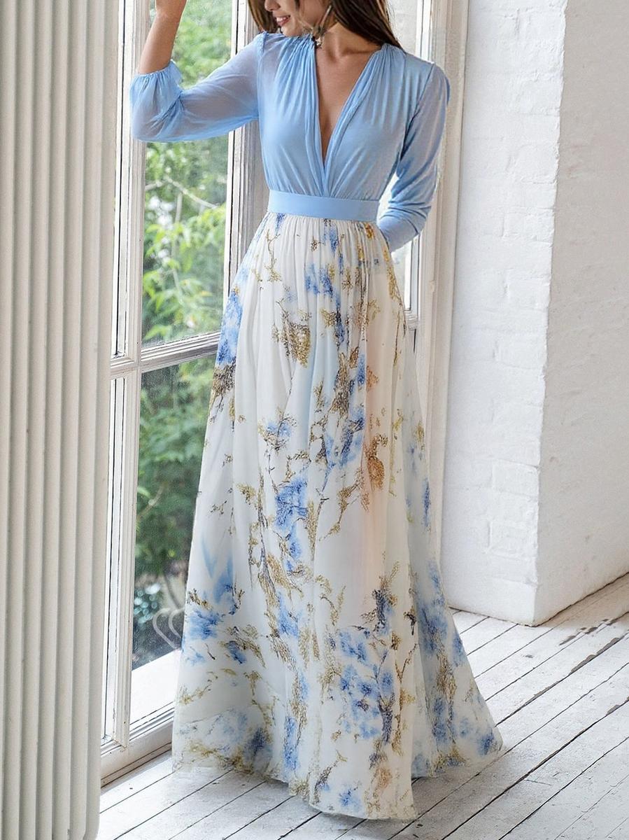 Damen Blumen Maxikleid Hochzeitskleid für Hochzeitsgäste mit V-Ausschnitt