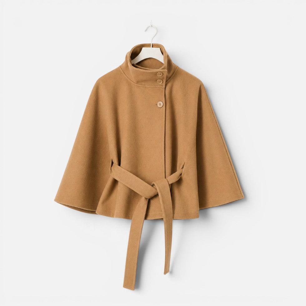 Damen Cape-Jacke mit hohem Kragen und Taillengürtel