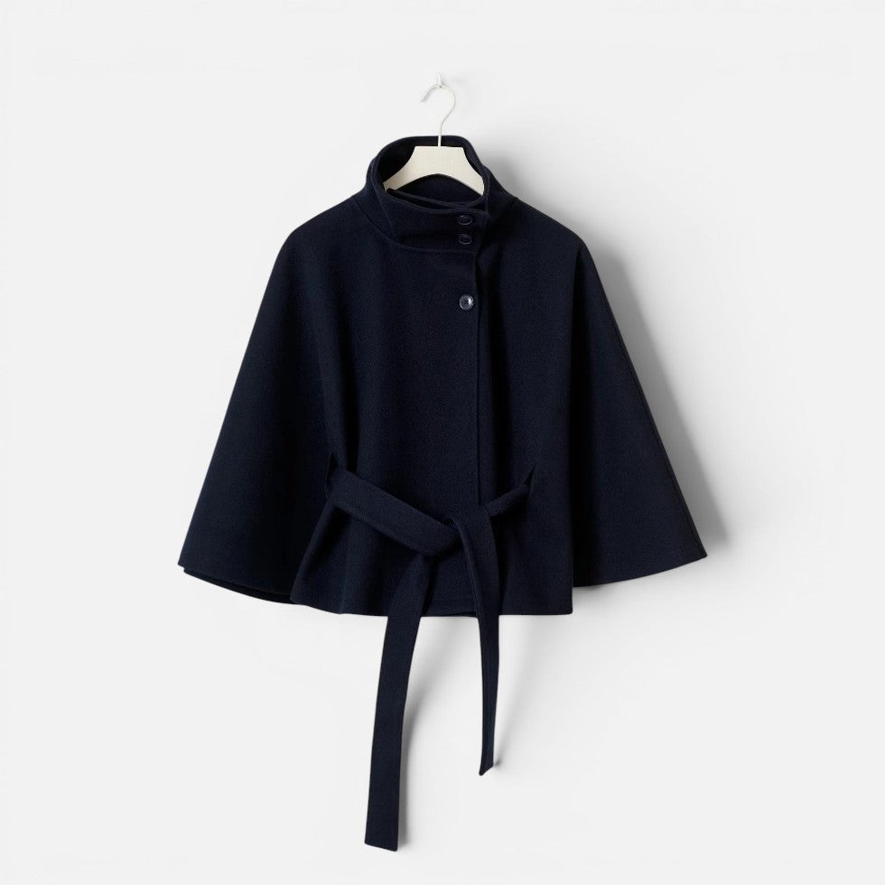 Damen Cape-Jacke mit hohem Kragen und Taillengürtel