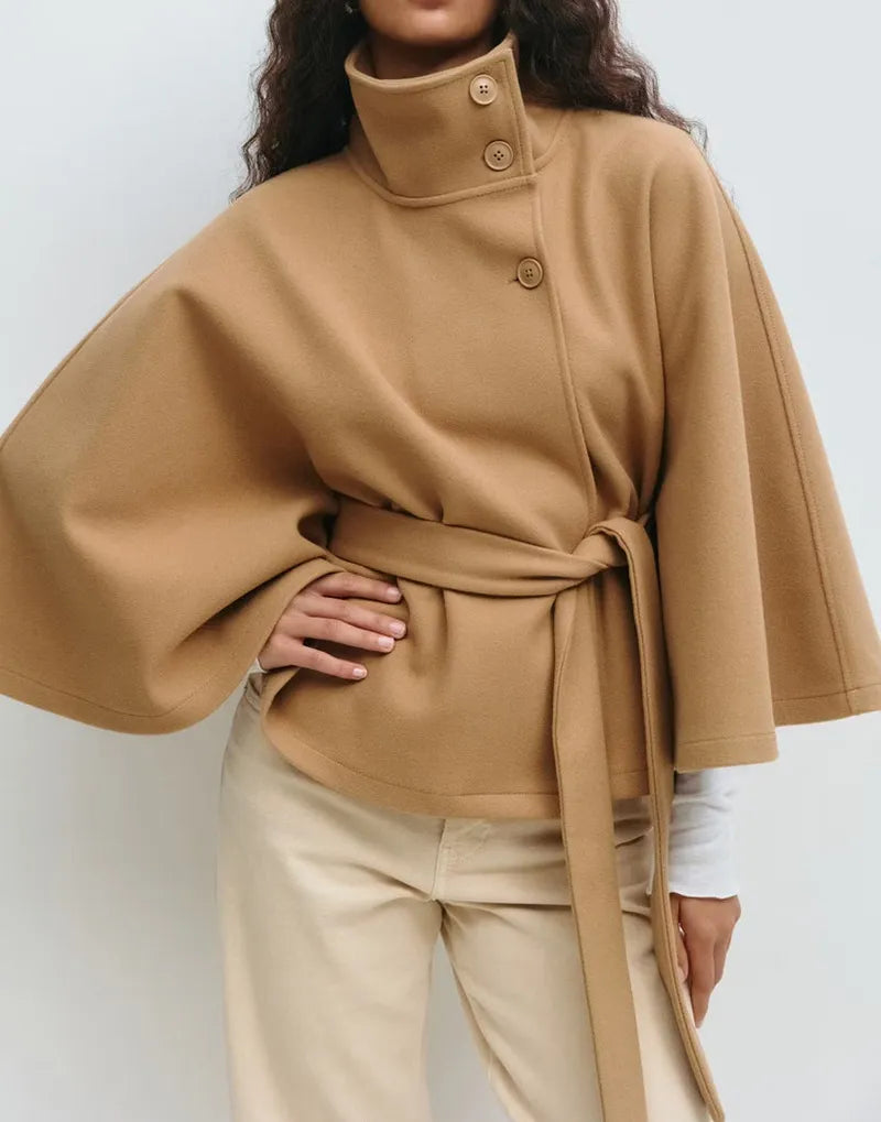 Damen Cape-Mantel mit Gürtel und Stehkragen