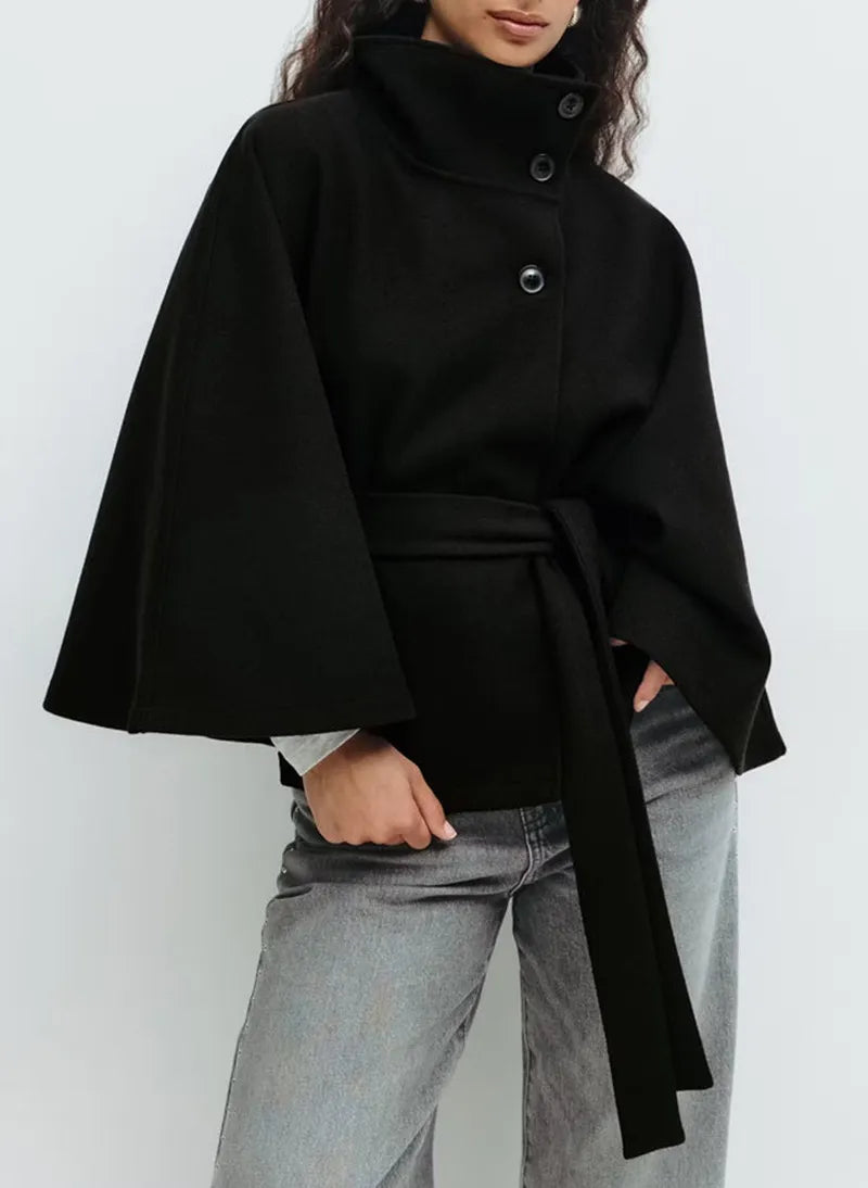 Damen Cape-Mantel mit Gürtel und Stehkragen