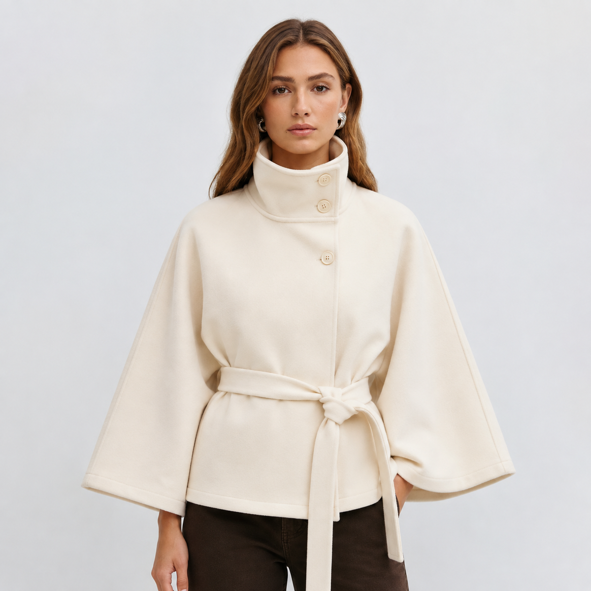 Damen Cape-Mantel mit Stehkragen und Bindegürtel – Eleganter Poncho-Mantel, Herbst Winter
