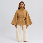 Damen Cape-Mantel mit Stehkragen und Bindegürtel – Eleganter Poncho-Mantel, Herbst Winter