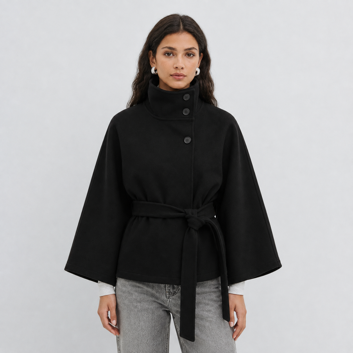 Damen Cape-Mantel mit Stehkragen und Bindegürtel – Eleganter Poncho-Mantel, Herbst Winter
