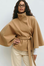 Damen Cape-Mantel mit Stehkragen und Bindegürtel – Eleganter Poncho-Mantel, Herbst Winter