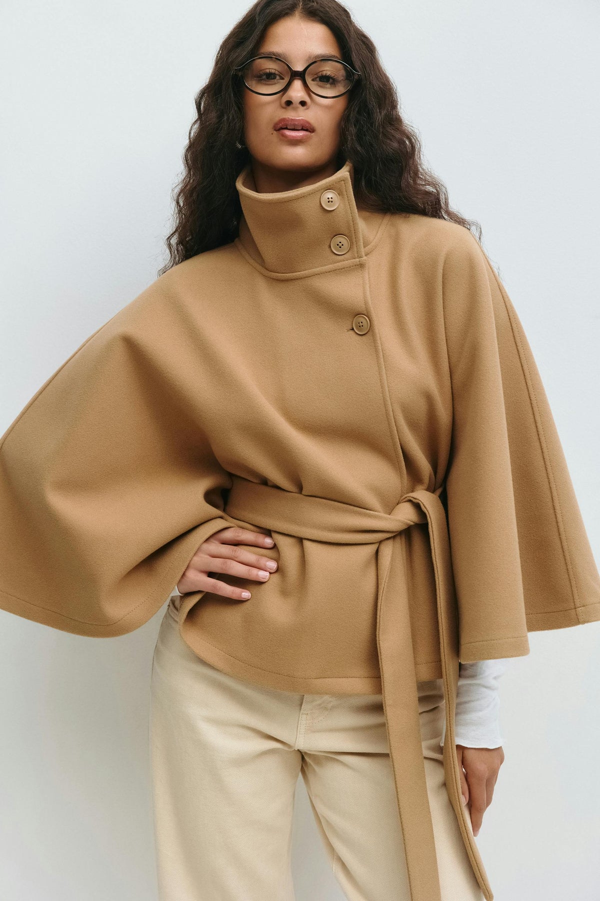 Damen Cape-Mantel mit Stehkragen und Bindegürtel – Eleganter Poncho-Mantel, Herbst Winter