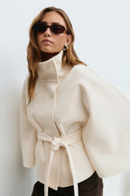 Damen Cape-Mantel mit Stehkragen und Bindegürtel – Eleganter Poncho-Mantel, Herbst Winter