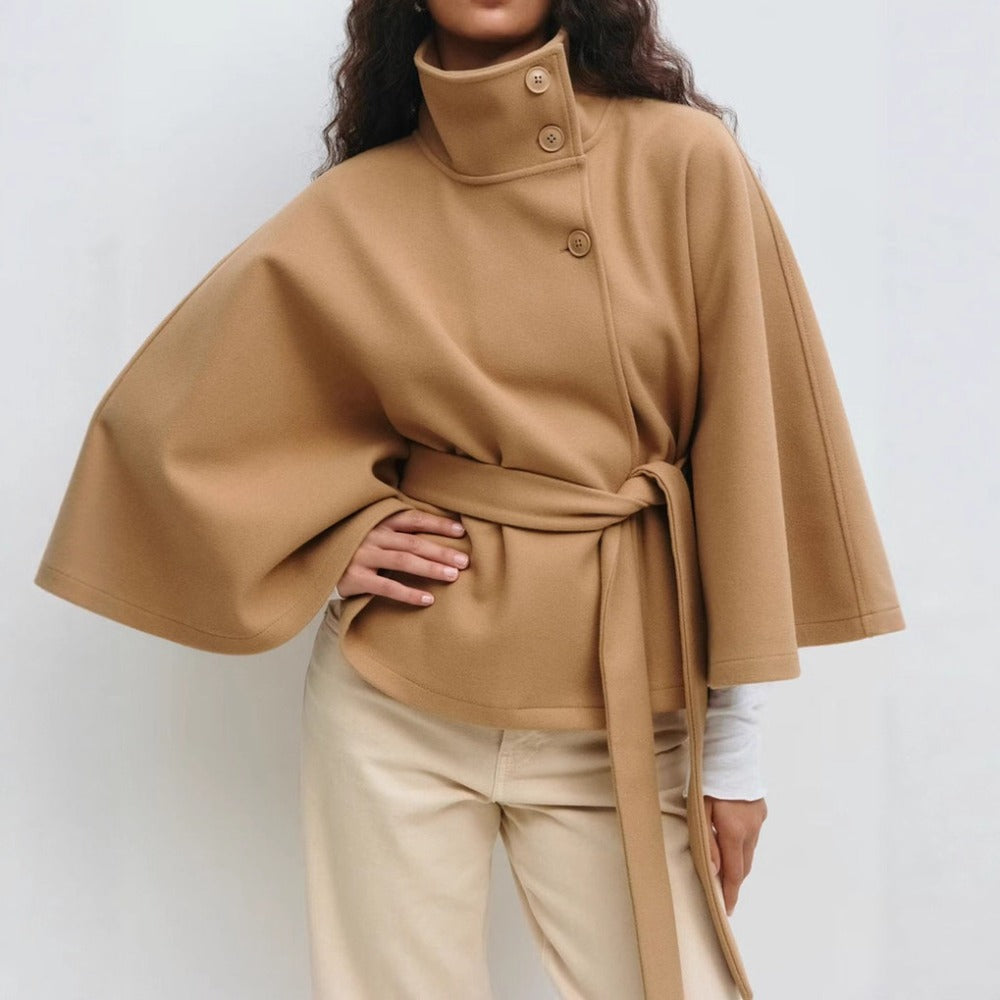 Damen Cape-Mantel mit hohem Kragen, Taillengürtel und Knopfverschluss