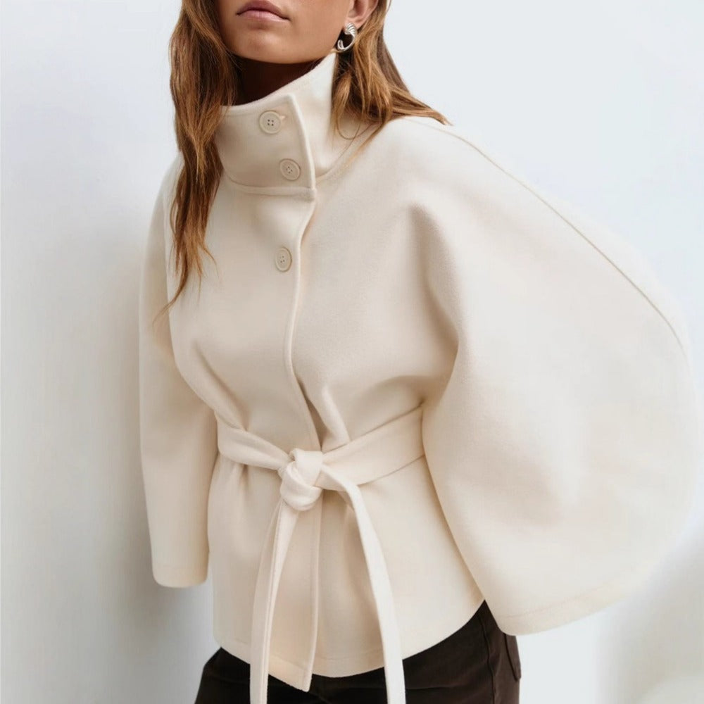 Damen Cape-Mantel mit hohem Kragen, Taillengürtel und Knopfverschluss