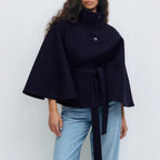 Damen Cape-Mantel mit hohem Kragen, Taillengürtel und Knopfverschluss
