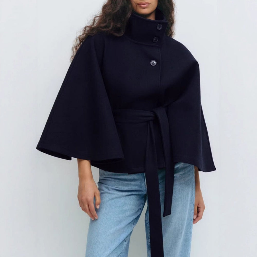 Damen Cape-Mantel mit hohem Kragen, Taillengürtel und Knopfverschluss