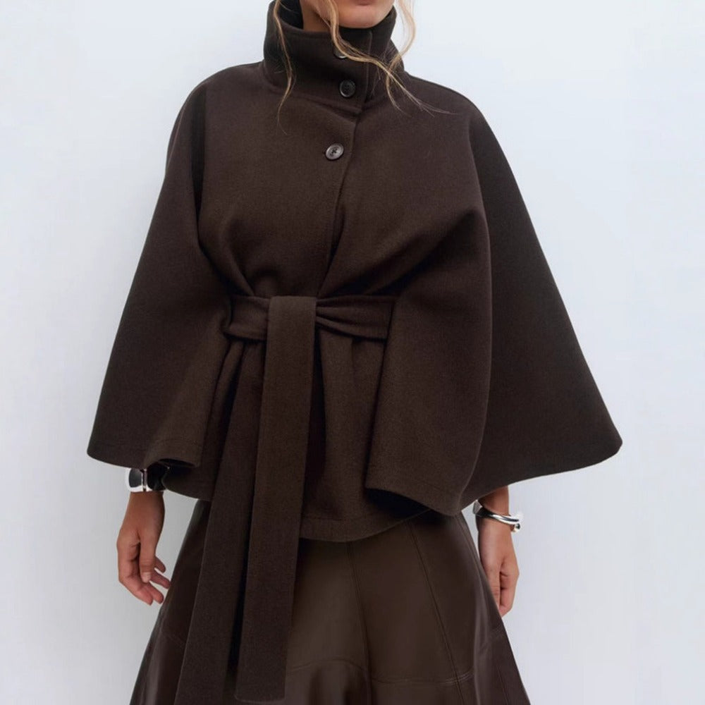 Damen Cape-Mantel mit hohem Kragen, Taillengürtel und Knopfverschluss