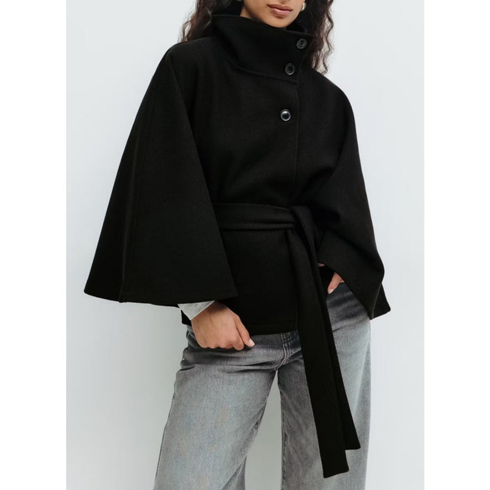Damen Cape-Mantel mit hohem Kragen, Taillengürtel und Knopfverschluss