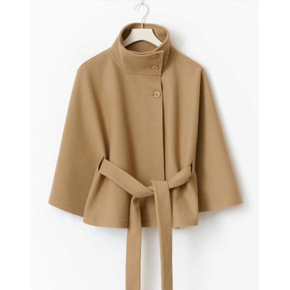 Damen Cape-Mantel mit hohem Kragen, Taillengürtel und Knopfverschluss