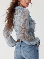 Damen Chiffonbluse mit Rüschen-V-Ausschnitt und goldenem Reißverschluss