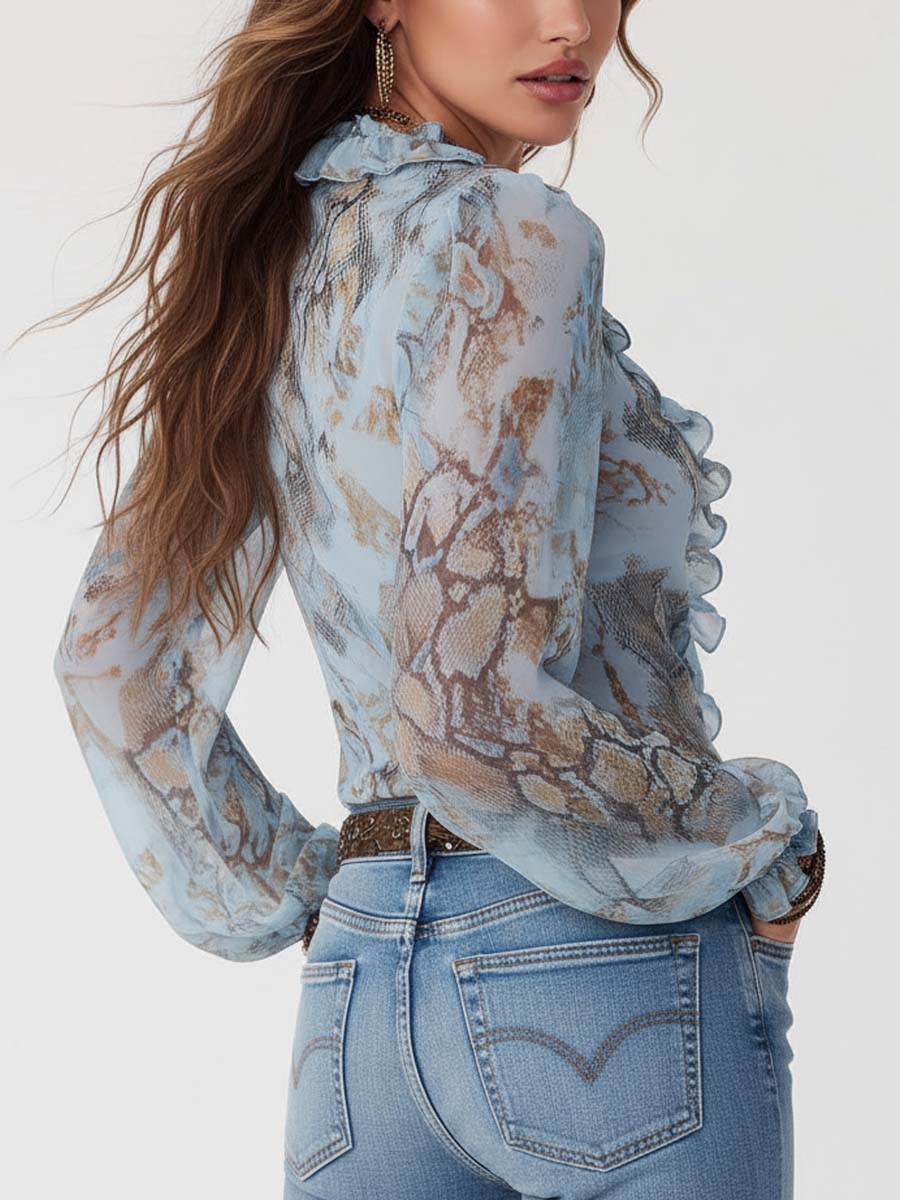 Damen Chiffonbluse mit Rüschen-V-Ausschnitt und goldenem Reißverschluss