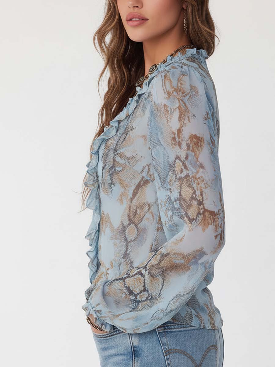 Damen Chiffonbluse mit Rüschen-V-Ausschnitt und goldenem Reißverschluss