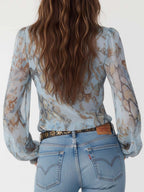 Damen Chiffonbluse mit Rüschen-V-Ausschnitt und goldenem Reißverschluss
