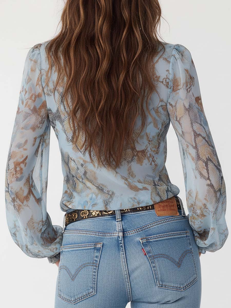 Damen Chiffonbluse mit Rüschen-V-Ausschnitt und goldenem Reißverschluss