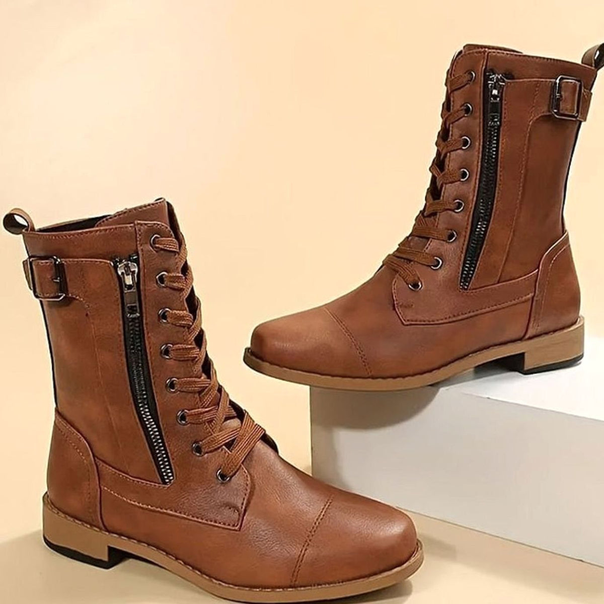 Damen Combat Boots aus Kunstleder mit Schnürung – Schnürstiefeletten mit Seitenreißverschluss, Herbst Winter
