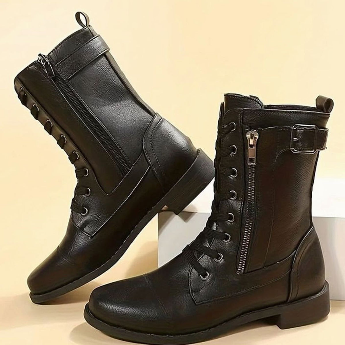 Damen Combat Boots aus Kunstleder mit Schnürung – Schnürstiefeletten mit Seitenreißverschluss, Herbst Winter