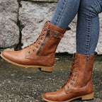 Damen Combat Boots aus Kunstleder mit Schnürung – Schnürstiefeletten mit Seitenreißverschluss, Herbst Winter