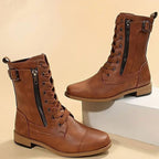 Damen Combat Boots aus Kunstleder mit Schnürung – Schnürstiefeletten mit Seitenreißverschluss, Herbst Winter