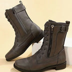 Damen Combat Boots aus Kunstleder mit Schnürung – Schnürstiefeletten mit Seitenreißverschluss, Herbst Winter