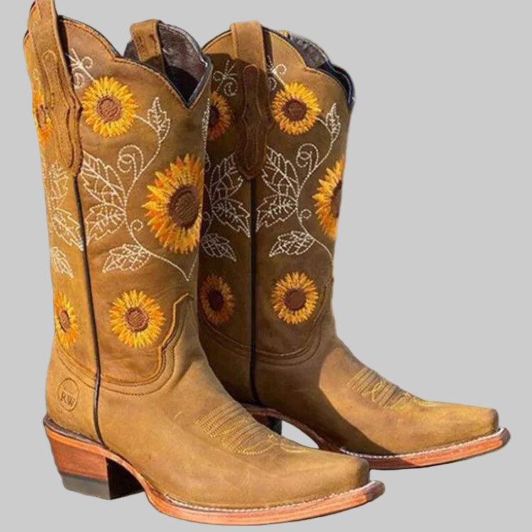 Damen Cowboystiefel mit Sonnenblumen-Stickereien und spitzer Zehenpartie