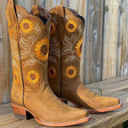 Damen Cowboystiefel mit Sonnenblumen-Stickereien und spitzer Zehenpartie