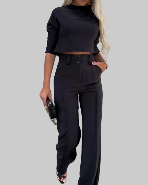 Damen Cropped-Oberteil-und-Hose-Set mit weitem Bein und leichtem Material
