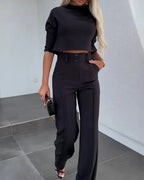 Damen Cropped-Oberteil-und-Hose-Set mit weitem Bein und leichtem Material