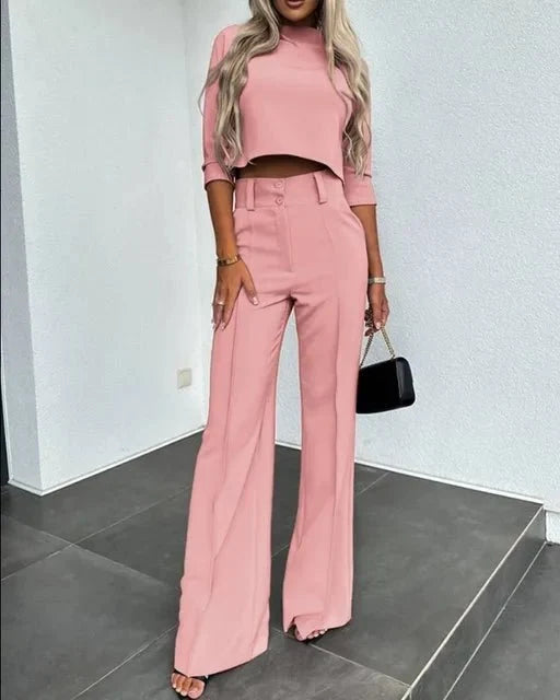 Damen Cropped-Oberteil-und-Hose-Set mit weitem Bein und leichtem Material
