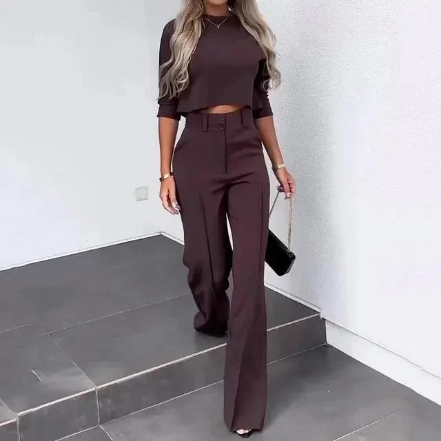 Damen Cropped-Oberteil-und-Hose-Set mit weitem Bein und leichtem Material