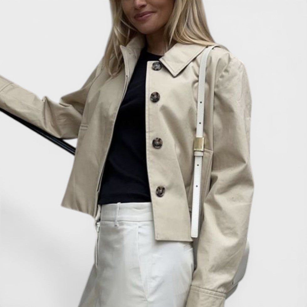 Damen Cropped-Trenchjacke mit strukturiertem Kragen und Knopfverschluss