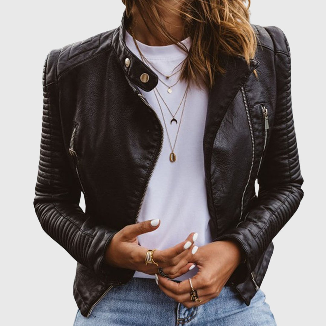Damen Echtleder-Bikerjacke mit tailliertem Schnitt und Reißverschluss