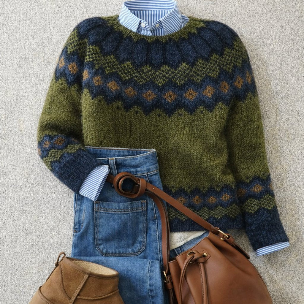 Damen Fair-Isle-Strickpullover mit nordischem Muster, Rundhalsausschnitt und Relaxed Fit