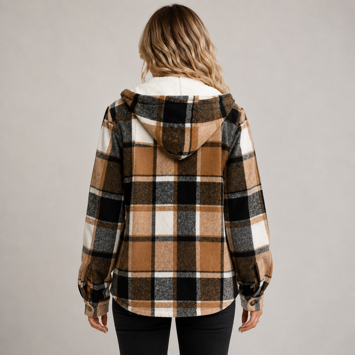 Damen Karierte Hemdjacke mit Kapuze – Flanell-Shacket mit Fleecefutter, Herbst Winter