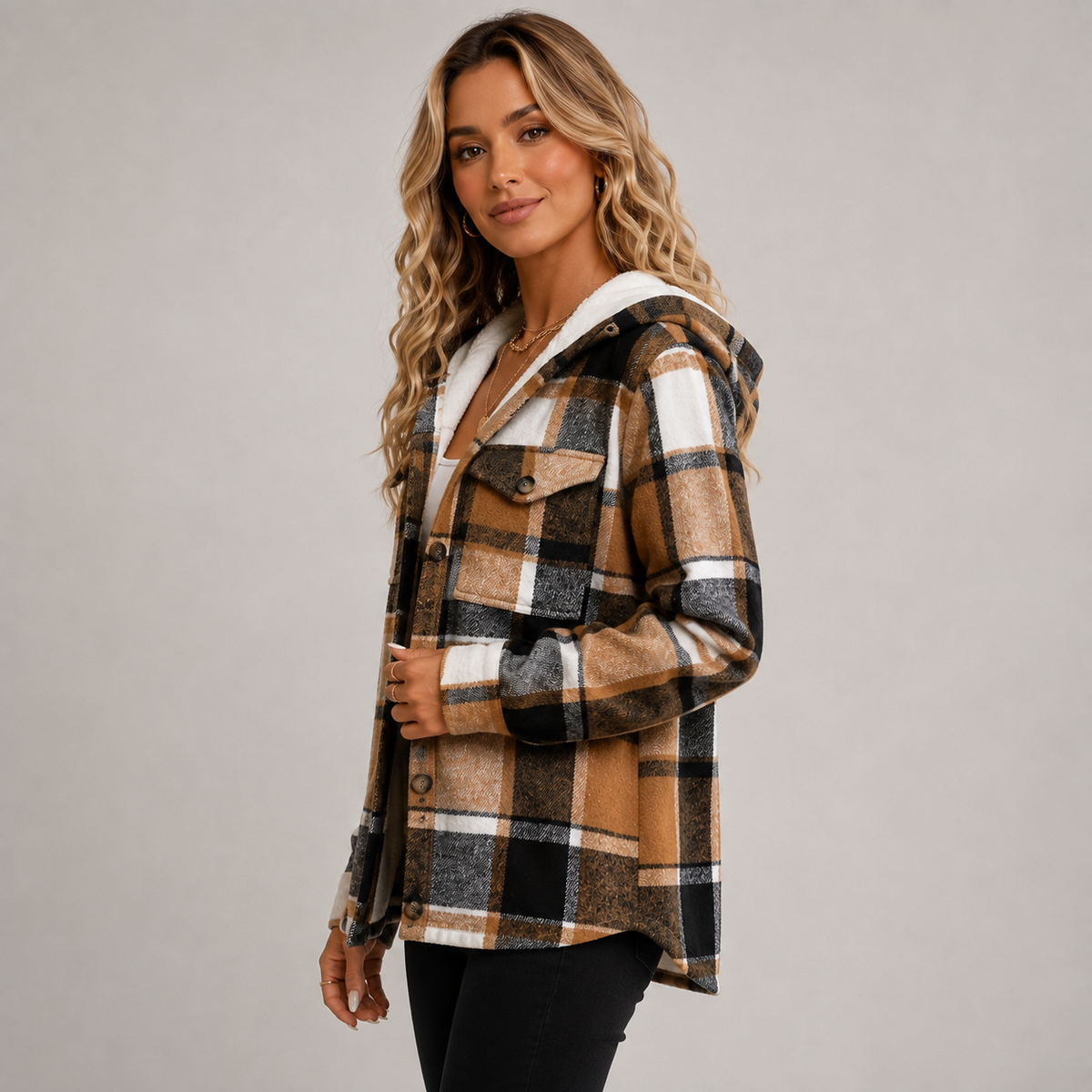 Damen Karierte Hemdjacke mit Kapuze – Flanell-Shacket mit Fleecefutter, Herbst Winter