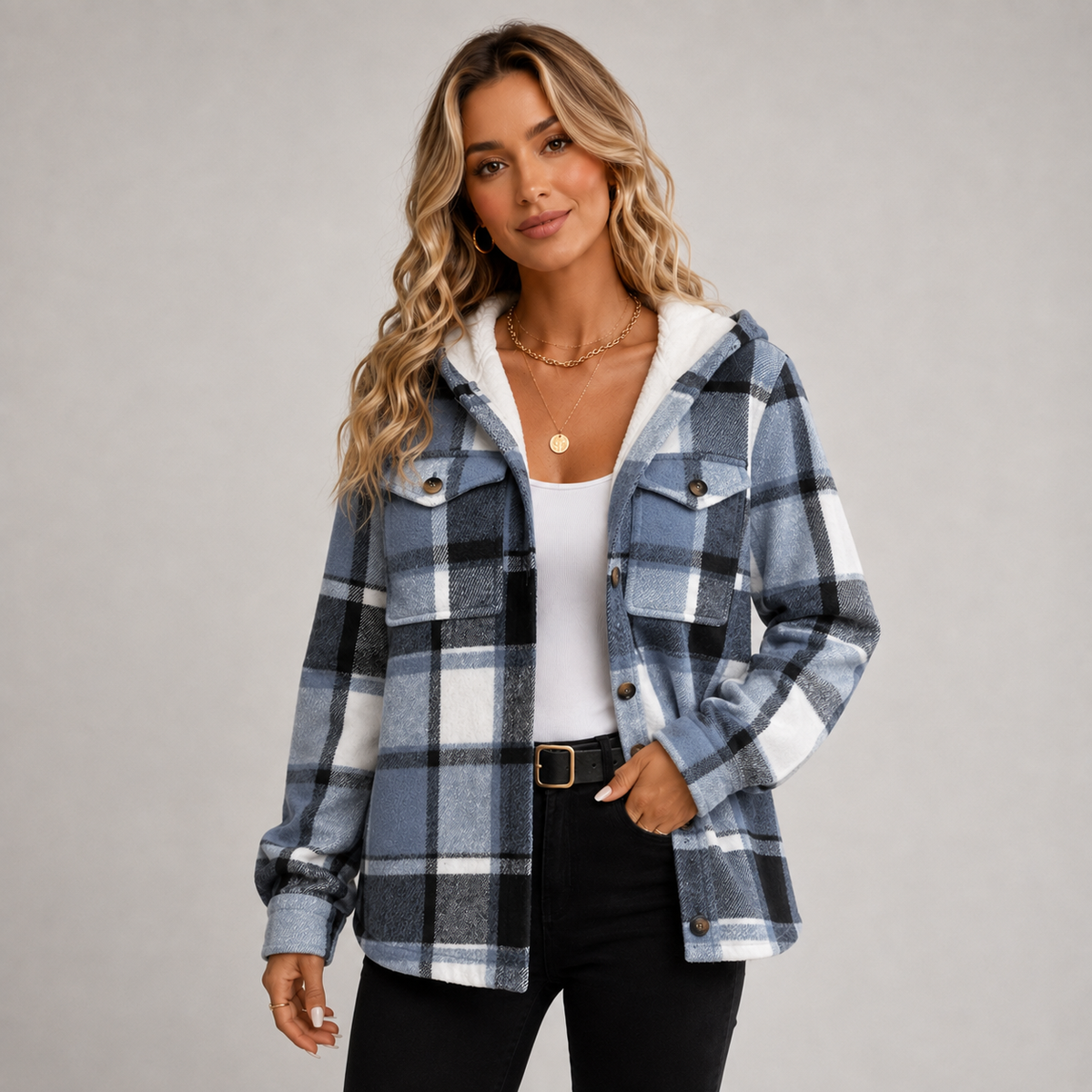 Damen Karierte Hemdjacke mit Kapuze – Flanell-Shacket mit Fleecefutter, Herbst Winter