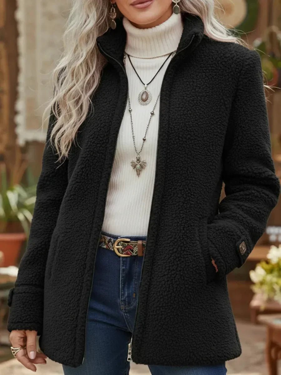 Damen Fleecejacke in Lammfell-Optik mit Stehkragen und Reißverschluss