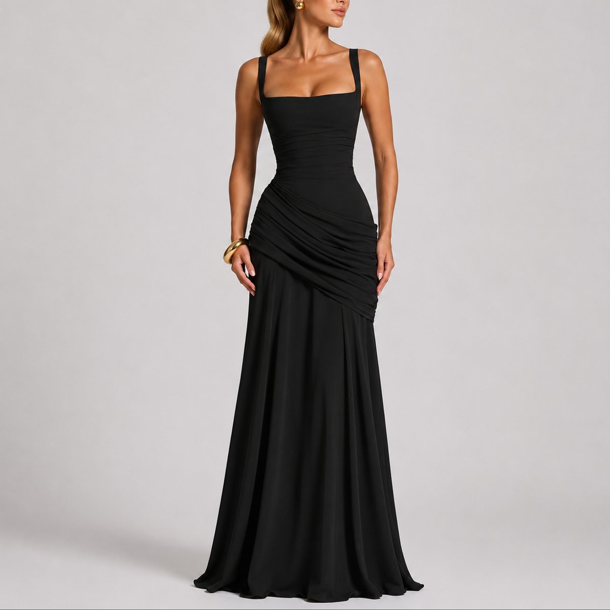 Damen Gerafftes Maxi-Hochzeitskleid mit Quadratausschnitt für Hochzeitsgäste