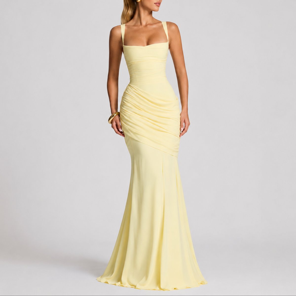 Damen Gerafftes Maxi-Hochzeitskleid mit Quadratausschnitt für Hochzeitsgäste